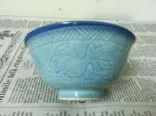WH27539【四十八號老倉庫】全新 早期 台灣 藍釉 扇竹鳥金魚紋 古早碗 飯碗 碗粿碗 小瑕 1碗價