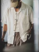 Wuluwear 天絲亞麻混紡古巴領襯衫男夏季美式復古寬鬆透氣大尺碼休閒短袖襯衫