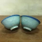 WH4653【四十八號老倉庫】二手 早期 台灣 藍釉 碗 米糕碗 碗粿碗 飯碗 波浪海鳥紋 11.8cm 有瑕 2碗價