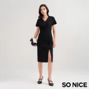 SO NICE【特惠】顯瘦洋裝 短洋 v領洋裝 黑色 [都會V領開衩顯瘦羅馬布洋裝]【75444007】