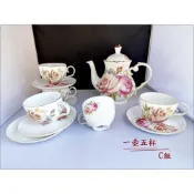 (店+)歐舍傢居】花茶杯 咖啡杯 1壺5杯盤  下午茶組 古典 玫瑰花 陶瓷 花茶壺 陶瓷杯組 C款 祝賀 禮物 禮品