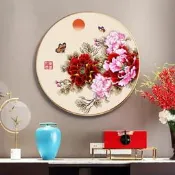 花開富貴 牡丹花 圓形玄關 十字繡 客廳掛畫 臥室裝飾 手工刺繡 DIY材料包 高級禮物
