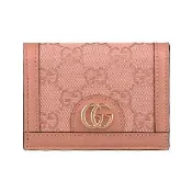 【GUCCI 古馳】GUCCI Ophidia簍空立體GG金屬LOGO印花PVC拼接牛皮設計4卡扣式短夾(珊瑚粉)