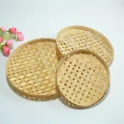 💥在臺24H💥手工有孔竹編簸箕家用編織圓形小竹篩鏤空點心糕點託盤竹製品批發