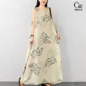 【CW 貓咪走路】渡假風文藝印花棉麻背心洋裝(KDDY-9923)