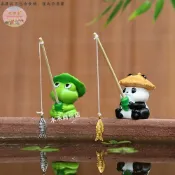 熊貓釣魚 青蛙垂釣裝飾擺件 生態古法魚缸擺件 中式假山流水魚池diy造景