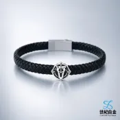 【世紀白金】Pt950 鉑金 黑鉑金男士手鍊 白金幾何徽章 黑色編織皮革 個性手環 男友禮物