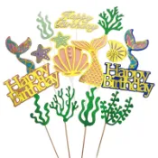 訂單滿199出貨  美人魚海底生日快樂蛋糕插牌插件 海尾巴兒童女孩甜品臺插卡