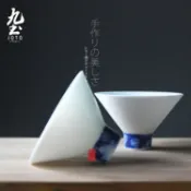 九土手繪青花高腳斗笠杯中國風品茗杯功夫茶杯日式茶道配件景德鎮茶杯子建盞茶盞品茗杯仿古杯主人杯個人杯聞香杯XCBR0018