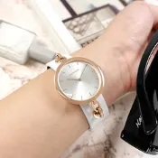 CK / 極簡風格 細緻迷人 礦石強化玻璃 皮革手錶-銀x玫瑰金框x白/34mm