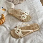 沙灘鞋 渡假涼鞋 雙花南國~!浪漫度假風編織花朵ins涼拖鞋女夏季外穿沙灘平底防滑 休閒涼鞋 平底涼鞋