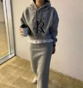 NEROLI 韓國服飾 水晶 韓國東大門正品 高級刺繡 刷絨保暖 假兩件 連帽上衣+後開衩長裙 帽T 套裝