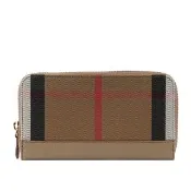 【BURBERRY 巴寶莉】格紋拼皮革ㄇ型拉鍊長夾(栗子色)