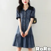 RORO 實拍 大碼女裝 夏季新款 時尚 寬鬆 設計感 減齡 輕奢 氣質牛仔連衣裙 polo領連衣裙 收腰連衣裙 大裙擺
