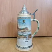  德國 傳統浮雕彩繪 陶瓷 錫蓋 啤酒杯