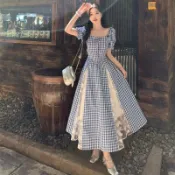 【甜柚】韓系服飾 蕾絲洋裝 渡假洋裝 顯瘦洋裝 洋裝連身裙 法式格子拼接度假蕾絲收腰顯瘦長裙夏季新款氣質格子連衣裙
