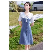 愛依依 洋裝 牛仔裙 短袖 拼接 裙子 S-2XL新款娃娃領牛仔連身裙女小個子小眾設計感收腰顯瘦裙子1187