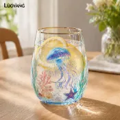 洛陽牡丹水母海豚龜章魚玻璃器皿無鉛玻璃杯海洋主題手繪玻璃杯 – 水母海豚海龜章魚設計 – 適合水