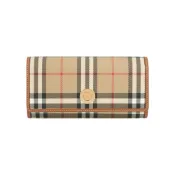 BURBERRY 經典格紋及小牛皮翻蓋長夾(經典米色/石楠木棕)