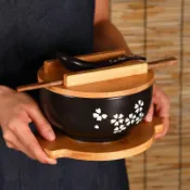 日式陶瓷泡麵碗 黑色帶蓋 6吋復古拉麵大碗 湯碗 含竹木墊 陶瓷碗公 日式碗盤 大湯碗 飯碗 復古碗