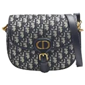 【Dior 迪奧】經典OBLIQUE緹花帆布牛皮飾邊肩/斜背馬鞍包(藍色M9319UTZQ_M928)