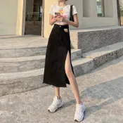 (店+)【D.studio】台灣發貨韓版高腰側開叉牛仔A字裙 裙子 褲裙 長裙 女裝P154