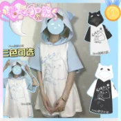 女大童短袖T恤帽T大碼數衣服可親子二次元幽靈貓貓耳朵連帽短袖衛衣T恤女夏季日係可愛cos服上衣