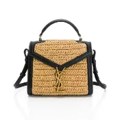 【YSL】Cassandra 真皮 飾邊拼接 編織 拉菲草 復古金釦 手提/肩背包(黑/金logo)