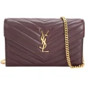 【YSL】Saint Laurent Cassandre 金字絎縫羊皮鍊帶斜背包(酒紅 手拿包 信封包)