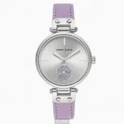【ANNE KLEIN】手錶型號AN00408銀白色錶面銀34mm錶殼紫色真皮皮革錶帶款