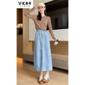 920L- 長裙女 大碼女裝半身裙 牛仔裙 韓版氣質牛仔大裙擺高腰壓皺A字半身裙 過膝長裙女 裙子