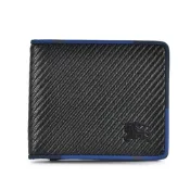BURBERRY 巴寶莉  典藏馬術騎士LOGO斜刻紋小牛皮對折短夾-黑/藍