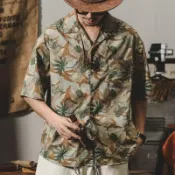 清涼紡織衣物 典雅花紋男士襯衫 柔滑冰絲古巴領衣衫 懷舊復古速乾袖衣 南洋渡假休閒造型服飾