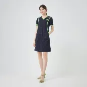 【ILEY 伊蕾】立體壓紋跳色配條修身洋裝(深藍；M-2L；1252687005)