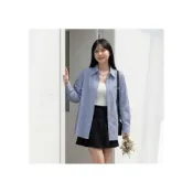 (店+)【FEE BABY】親膚寬鬆顯瘦口袋長版襯衫 襯衫女 條紋襯衫 藍色襯衫 排釦襯衫 設計襯衫 日系襯衫 上班穿著 藍色 杏色