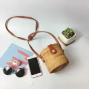 喜挖2店 復古小圓包手工秋藤編小方包圓形鏤空水桶包女單肩斜後背包小清新包