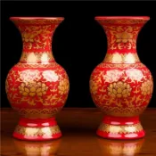 小胖達生活百貨 供佛花瓶 花瓶陶瓷 花瓶佛具 神明花瓶 神桌花瓶 拜拜花瓶真金紅無字蓮花佛教花瓶供菩薩唐彩真金紅富貴陶瓷供佛蓮花淨瓶