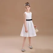 女童白色印花緞合唱禮服表演服舞臺服短版兒童黑色腰帶鋼琴演奏服兒童洋裝禮服   宴會禮服   小花童禮服   畢業服   