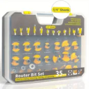 一套 PEFTOOL 35 件專業級路由器鑽頭套裝,1/4 英寸柄 C2 碳化鎢精密加工,用於開槽和修剪,