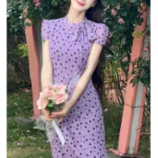 氣質韓系通勤風香芋黑巧韓系紫色波點長裙2026夏新品魚尾裙連衣裙#Hi, 貼心優衣家居#