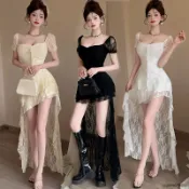 名媛氣質小禮服低胸露背夜店蕾絲裙法式洋裝性感魚尾裙