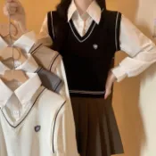 愛依依   針織衫 上衣  毛線衣  背心 馬甲 新款韓版設計感學院風Polo領襯衫拼接馬甲長袖上衣2F099-3635