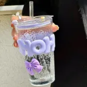 🥇桃園出貨 現時特賣✨韓式蝴蝶結玻璃杯子ins高顏值喝水杯女生大容量辦公室果汁吸管杯