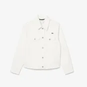 【LACOSTE】女裝-俐落修身刺繡小鱷魚丹寧外套(白色)
