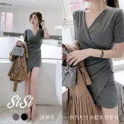 SISI【D9083】春夏秋性感自在魅力修身包臀V領短袖腰間抓皺交叉不規則下襬法式茶歇裙連身裙洋裝渡假旅遊必備