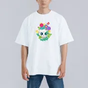 SKULL 骷髏 花 美式 插畫 衣服 落肩 厚磅 寬版 T恤 吸濕排汗 白T