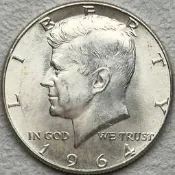 美國1964粘肯尼迪50分銀幣值徑30.6嘸嘸克重12.5g銀，原光好品-39587