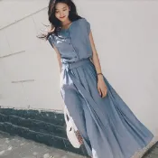 洋裝 長裙 連身裙 長洋裝 高腰洋裝 S-2XL中大尺碼素面裙子收腰顯瘦及踝氣質雪紡連衣裙T648-616 胖胖美依