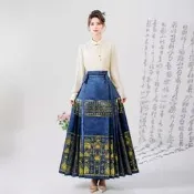 全球購✨『藍色萬象更新』2024新中式高品質提花壓褶馬靣裙複古國風大裙擺