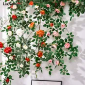 洛陽牡丹裝飾玫瑰花環免維護玫瑰裝飾 6 英尺人造玫瑰藤花環 – 逼真的假掛玫瑰常春藤植物可彎曲婚禮裝飾